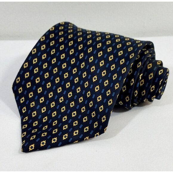 Huntington Mens Silk NeckTie Navy Yellow Geometric Diamond Pattern 57" Tie - Picture 2 of 9